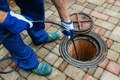 Plumber cleaning an outdoor sewer drain in Bloomington