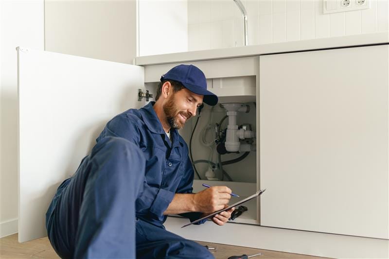 Residential plumber reviewing plumbing repairs in a Bloomington kitchen