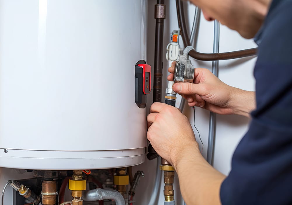 Technician repairing pipes connected to a water heater in Bloomington